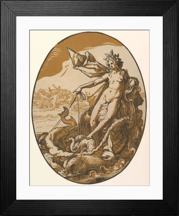 Framed Print : Tethys reclining in a giant shell chariot pulled by two sea creatures, 1588-90 Framed Print : Tethys reclining in a giant shell chariot pulled by two sea creatures, 1588-90
