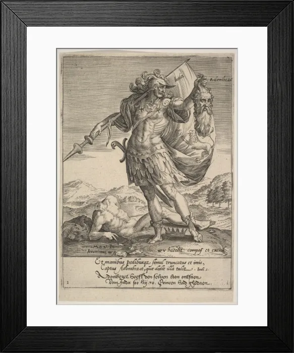 Framed Print : Judah with the Head of Adonibezek, from Willem van Haecht, Tyrannorum proemia, 1578, 1578 Framed Print : Judah with the Head of Adonibezek, from Willem van Haecht, Tyrannorum proemia, 1578, 1578