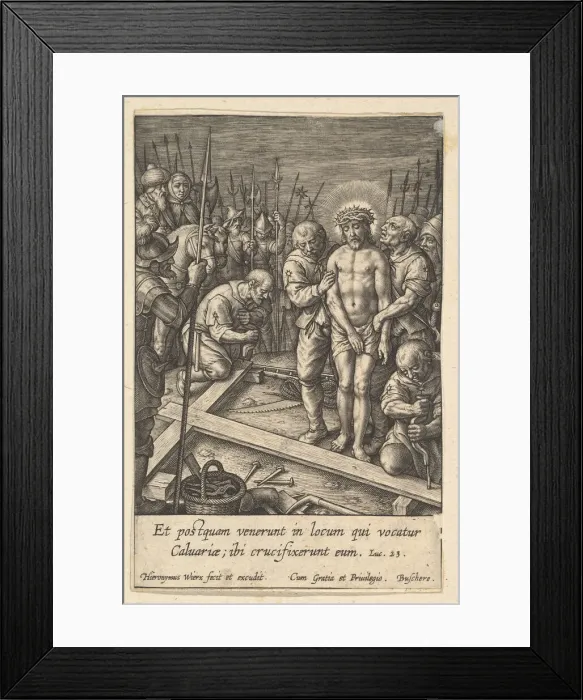Framed Print : The Preparation of the Cross, before 1619. Creator: Hieronymous Wierix Framed Print : The Preparation of the Cross, before 1619. Creator: Hieronymous Wierix