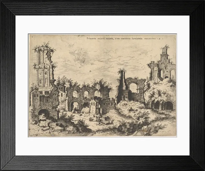 Framed Print : View of ruins on the Palatine Hill with trabeated facade at left and arcades at center Framed Print : View of ruins on the Palatine Hill with trabeated facade at left and arcades at center