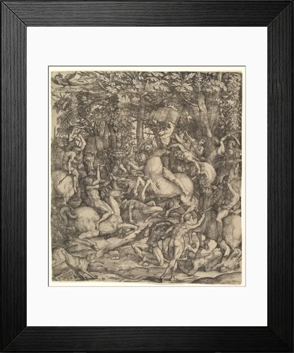 Framed Print : Battle between cavalry and infantry in a wood, 16th century. Creator: Hieronymus Hopfer Framed Print : Battle between cavalry and infantry in a wood, 16th century. Creator: Hieronymus Hopfer