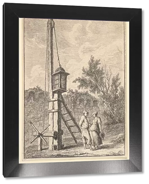 Plate 9: The Pulley: a man and a woman conversing to right, a lantern hung on a pos