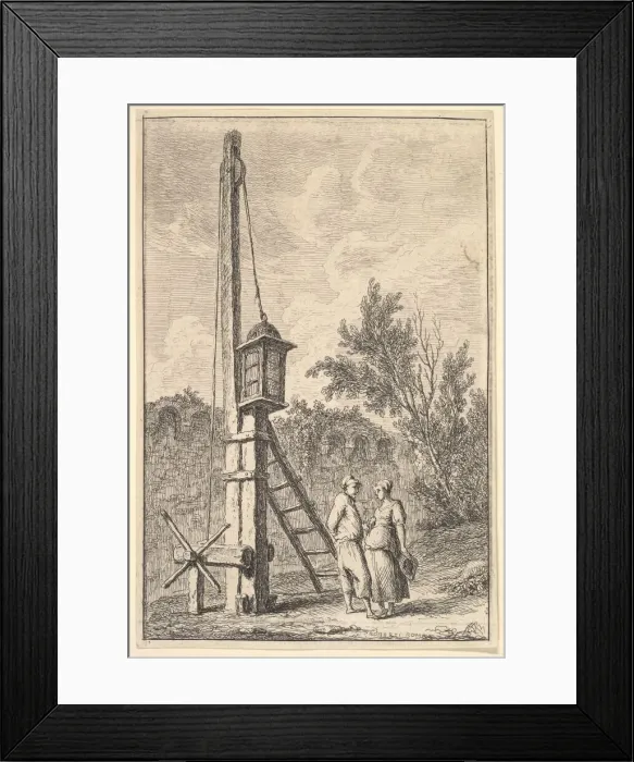 Framed Print : Plate 9: The Pulley: a man and a woman conversing to right, a lantern hung on a pos Framed Print : Plate 9: The Pulley: a man and a woman conversing to right, a lantern hung on a pos