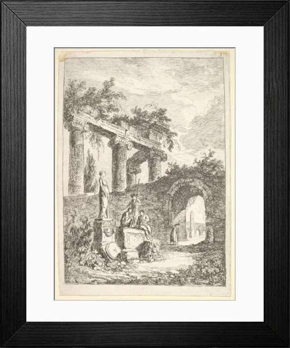 Framed Print : Plate 3: The Statue Before the Ruins: a statue to left next to three figures on a p Framed Print : Plate 3: The Statue Before the Ruins: a statue to left next to three figures on a p