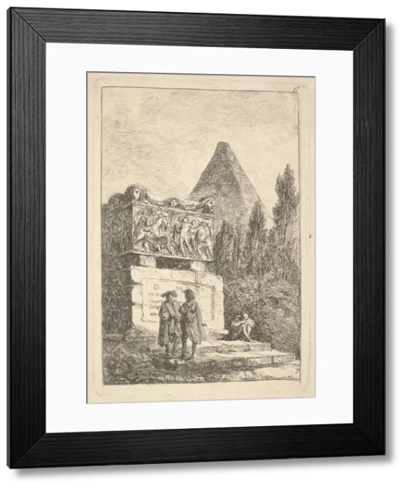 Framed Print : Plate 6: The Sarcophagus: two men conversing to left, another man seated and sleepi Framed Print : Plate 6: The Sarcophagus: two men conversing to left, another man seated and sleepi