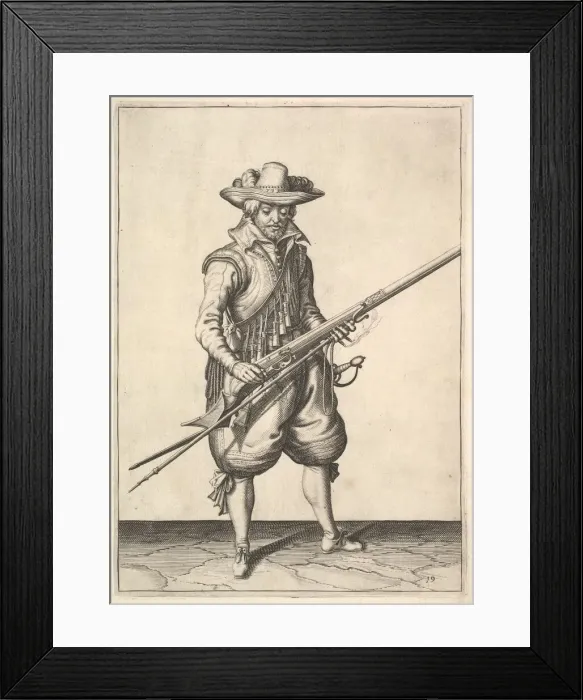 Framed Print : A soldier shaking the powder from the top of the pan, from the Musketeers series Framed Print : A soldier shaking the powder from the top of the pan, from the Musketeers series
