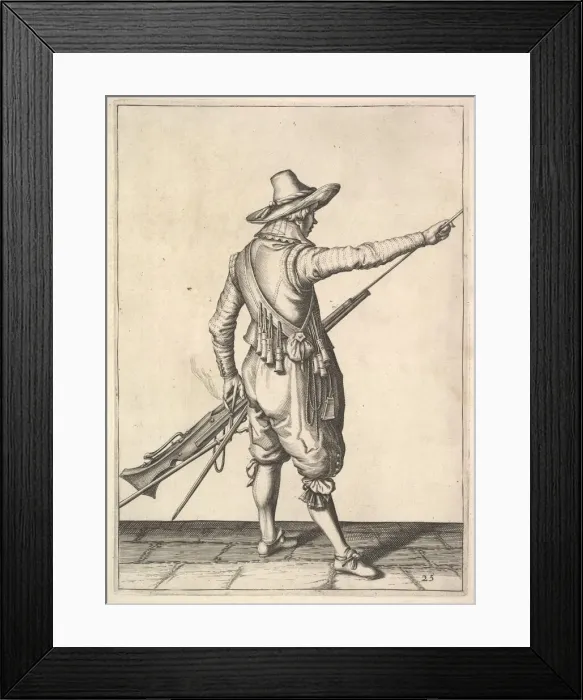 Framed Print : A soldier pulling out the ramrod from its holder, from the Musketeers series, plate 25 Framed Print : A soldier pulling out the ramrod from its holder, from the Musketeers series, plate 25