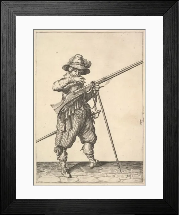 Framed Print : A soldier blowing on a match, from the Musketeers series, plate 40 Framed Print : A soldier blowing on a match, from the Musketeers series, plate 40