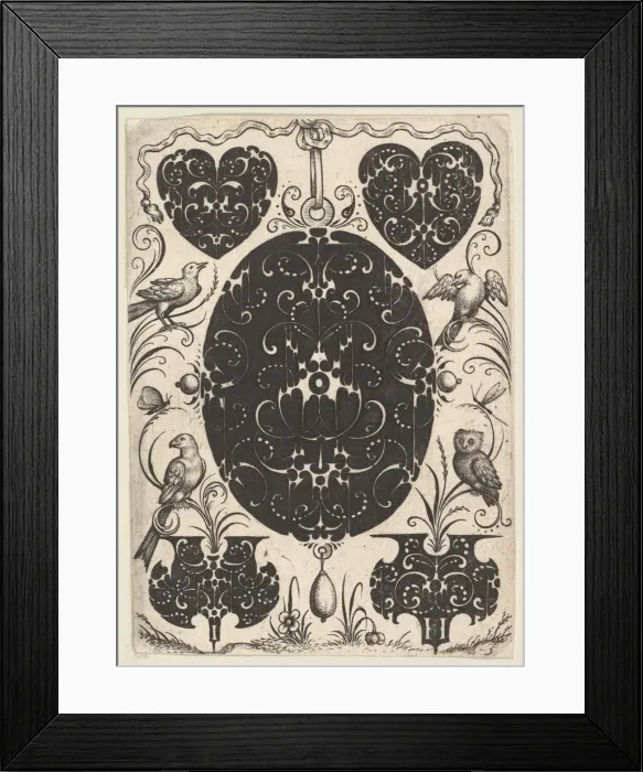 Framed Print : Oval Pendant Decorated with Schweifwerk, Surrounded by Smaller Motifs and Four Birds, ca Framed Print : Oval Pendant Decorated with Schweifwerk, Surrounded by Smaller Motifs and Four Birds, ca