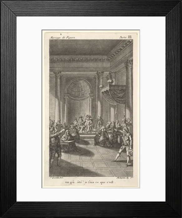 Framed Print : A man seated in a chair on a stepped platform holds an audience, two pointing men stan Framed Print : A man seated in a chair on a stepped platform holds an audience, two pointing men stan
