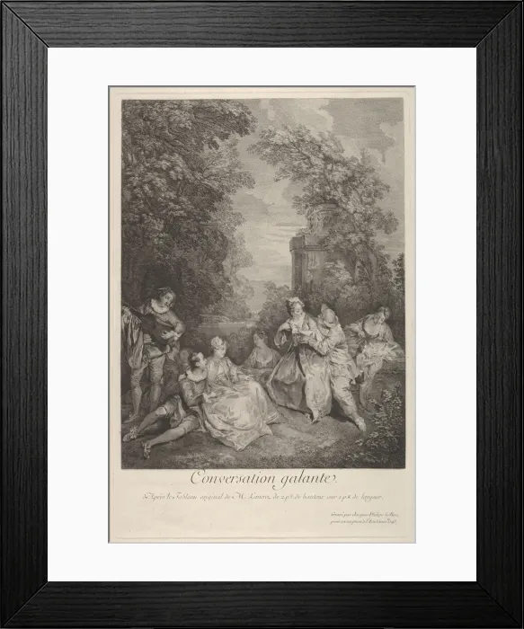 Framed Print : Gallant conversation (Conversation galante): couples engage in conversation in a garden Framed Print : Gallant conversation (Conversation galante): couples engage in conversation in a garden