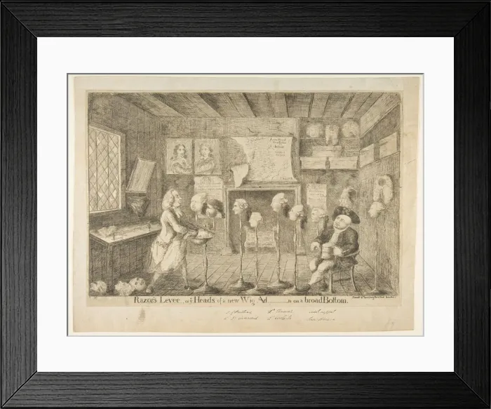 Framed Print : Razors Levee, or Ye Heads of a New Wig Ad[ministration] on a Broad Bottom, April 21