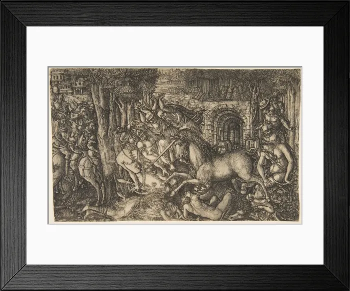 Framed Print : A King Pursued by a Unicorn, from the Unicorn Series, ca. 1555. Creator: Jean Duvet Framed Print : A King Pursued by a Unicorn, from the Unicorn Series, ca. 1555. Creator: Jean Duvet