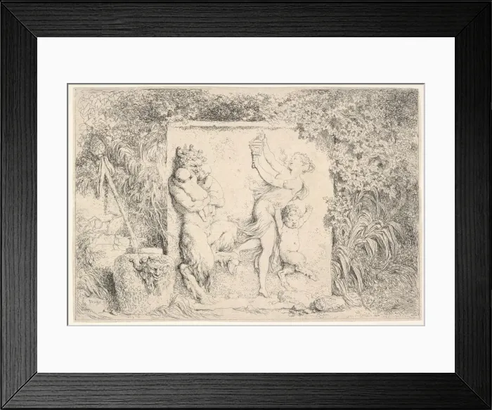 Framed Print : A bas-relief depicting a satyr at left holding two infants, another child satyr to right Framed Print : A bas-relief depicting a satyr at left holding two infants, another child satyr to right