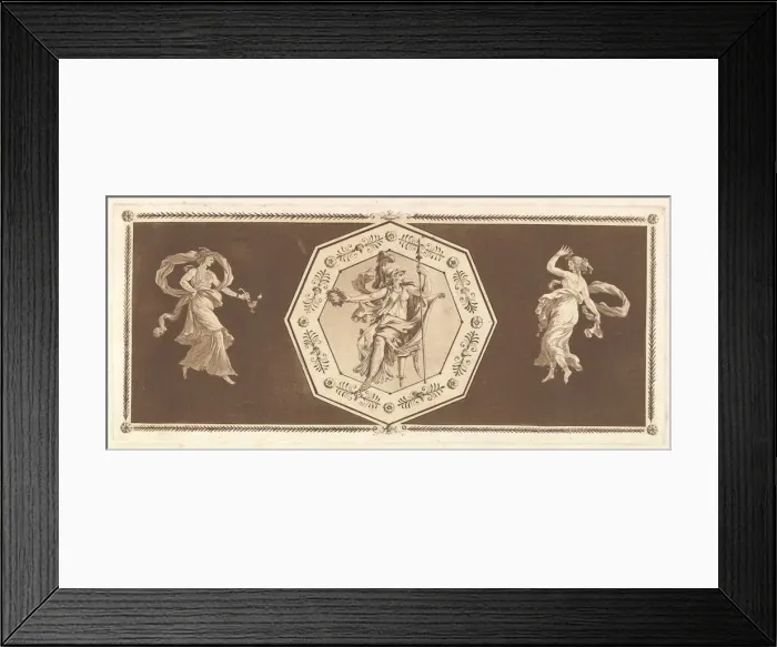 Framed Print : Minerve assisse dans un octagone decoratif, avec une figure agauche et à Framed Print : Minerve assisse dans un octagone decoratif, avec une figure agauche et à