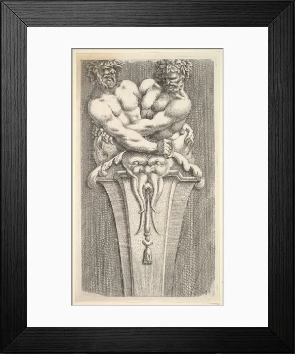 Framed Print : Design for a Term with Two Bacchic Figures, from: Curieuses recherches de plusieurs beaus Framed Print : Design for a Term with Two Bacchic Figures, from: Curieuses recherches de plusieurs beaus