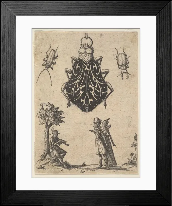 Framed Print : Pendant Shaped like a Beetle with a Couple and a Young Man Playing an Instrument, 1619 Framed Print : Pendant Shaped like a Beetle with a Couple and a Young Man Playing an Instrument, 1619