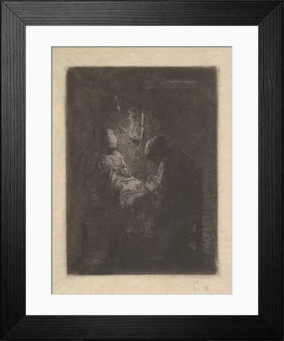 Framed Print : Two Women Sewing by Lamplight, ca. 1853. Creator: Jean Francois Millet Framed Print : Two Women Sewing by Lamplight, ca. 1853. Creator: Jean Francois Millet