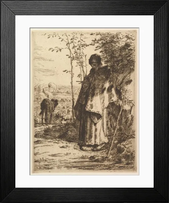 Framed Print : Shepherdess Knitting, 1862. Creator: Jean Francois Millet
