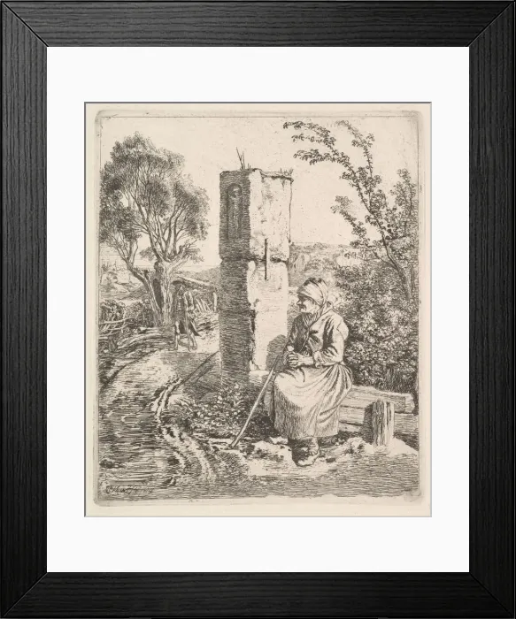Framed Print : An Old Lady Sitting Near a Pillar at Side of Road, 1819. Creator: Johann Christian Erhard