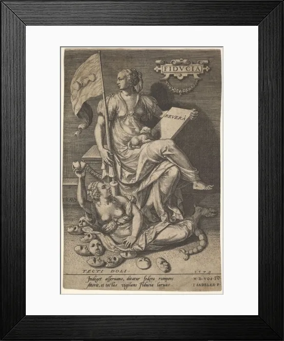 Framed Print : Fiducia, a seated woman holds a book and banner while turning her head away from a Framed Print : Fiducia, a seated woman holds a book and banner while turning her head away from a