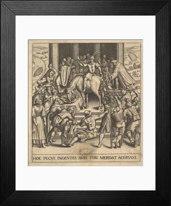 Framed Print : Men collecting dung dropping from the hindquarters of a mule, with a rider sitting ba Framed Print : Men collecting dung dropping from the hindquarters of a mule, with a rider sitting ba