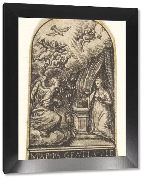 Annunciation, Mary kneels at a lectern as Gabriel approaches on a cloud from the... ca