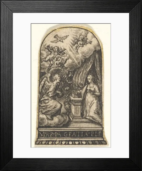 Framed Print : Annunciation, Mary kneels at a lectern as Gabriel approaches on a cloud from the... ca Framed Print : Annunciation, Mary kneels at a lectern as Gabriel approaches on a cloud from the... ca