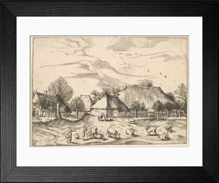 Framed Print : Farms, cattle with herdsmen and milkmaids in the foreground from Multifariarum casularu Framed Print : Farms, cattle with herdsmen and milkmaids in the foreground from Multifariarum casularu
