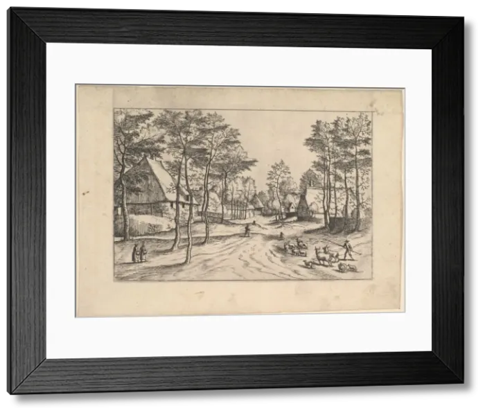 Framed Print : Village Street, cattle, sheep and herdsman in the foreground from Praediorum villar Framed Print : Village Street, cattle, sheep and herdsman in the foreground from Praediorum villar