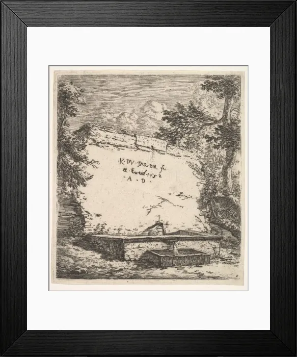 Framed Print : Frontispiece with stepped fountain; a stone wall with water spout pouring water into a Framed Print : Frontispiece with stepped fountain; a stone wall with water spout pouring water into a