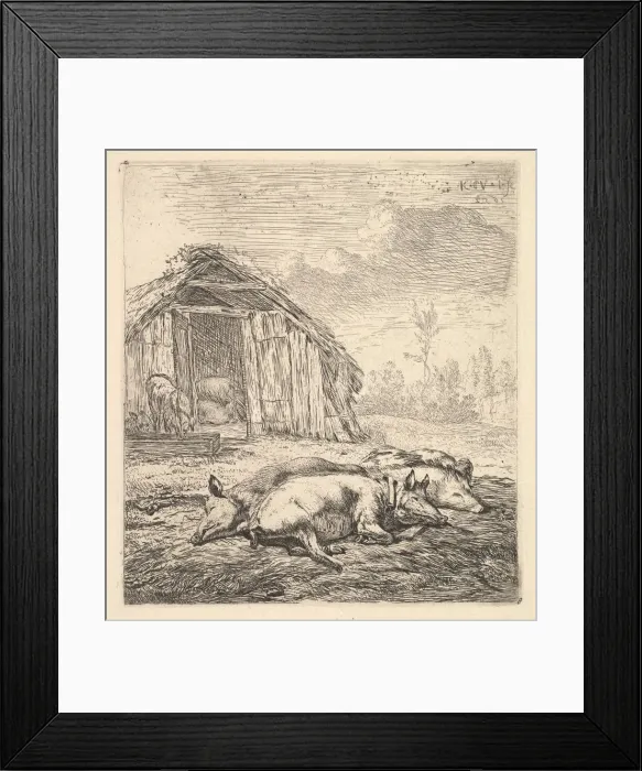 Framed Print : Three pigs lying on their sides, a pigsty and trough beyond, 1652 Framed Print : Three pigs lying on their sides, a pigsty and trough beyond, 1652