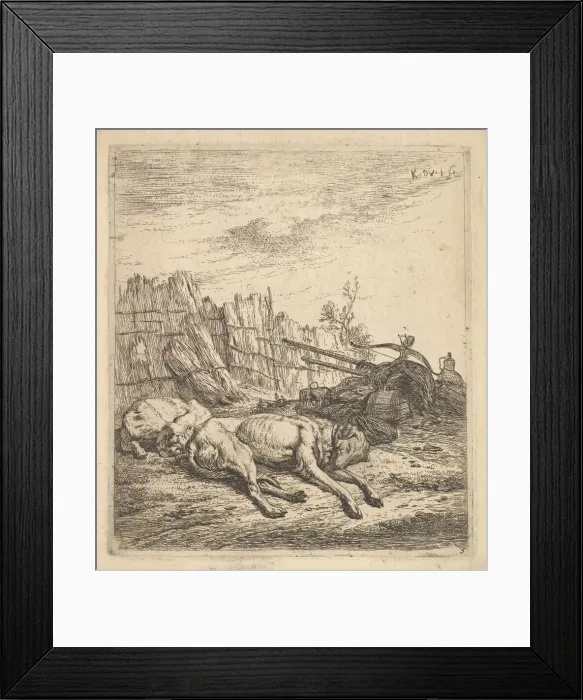 Framed Print : Two dogs sleeping on the ground; a plough, farm equipment, bunches of straw, and a Framed Print : Two dogs sleeping on the ground; a plough, farm equipment, bunches of straw, and a