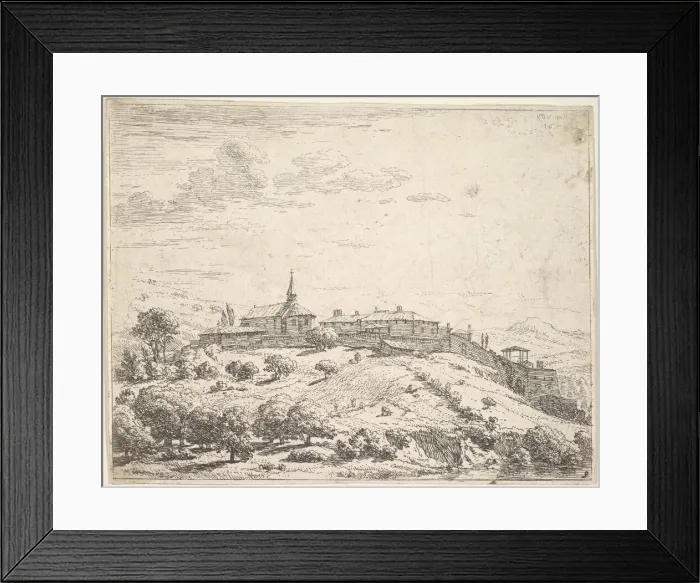Framed Print : Walled village on a hill, with church at left and buildings constructed on the downslope Framed Print : Walled village on a hill, with church at left and buildings constructed on the downslope