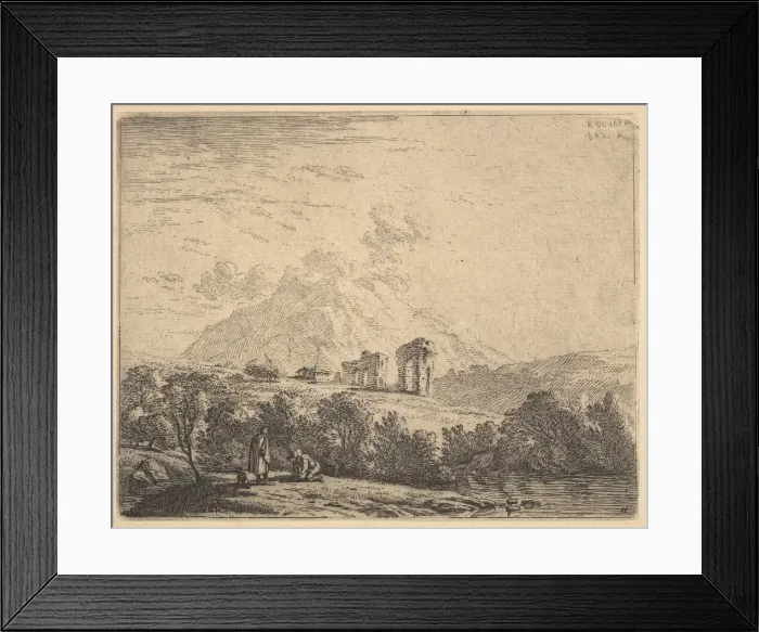 Framed Print : View of hillside with ruins (an aqueduct?) and mountain crag beyond Framed Print : View of hillside with ruins (an aqueduct?) and mountain crag beyond