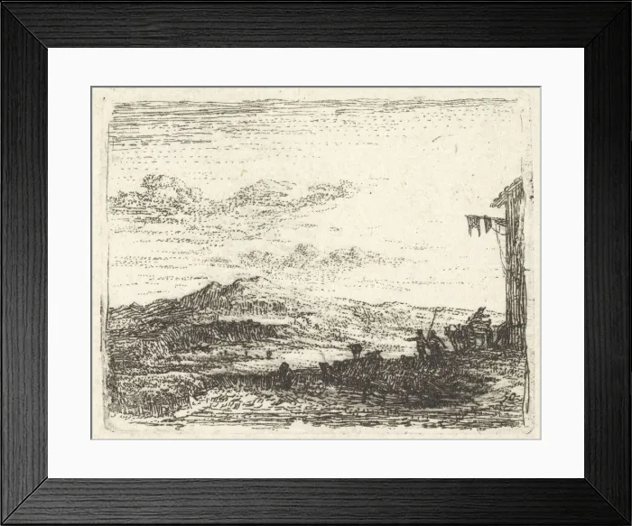 Framed Print : Landscape with corner of building and awning at far right, two figures and a horse Framed Print : Landscape with corner of building and awning at far right, two figures and a horse