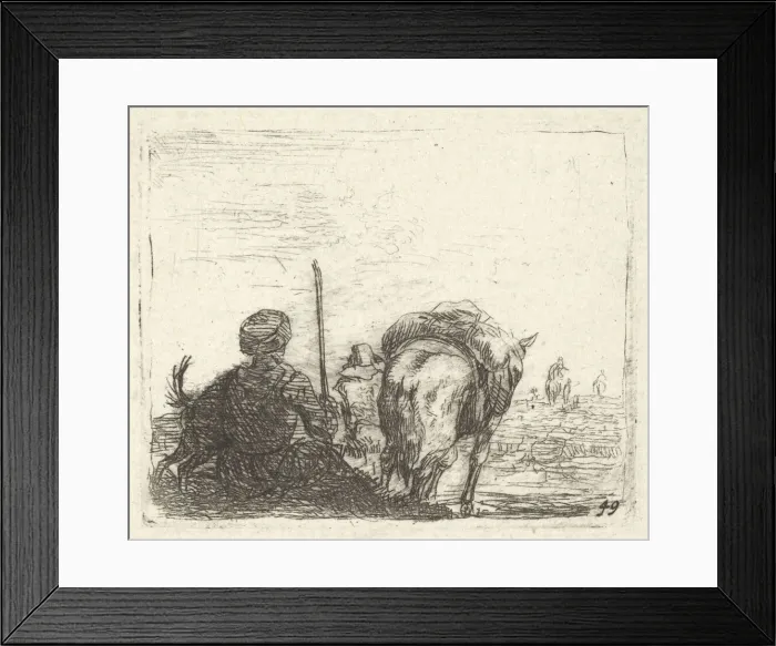 Framed Print : Pack-horse, seated man with staff in right hand, and dog, all viewed from the rear... ca Framed Print : Pack-horse, seated man with staff in right hand, and dog, all viewed from the rear... ca