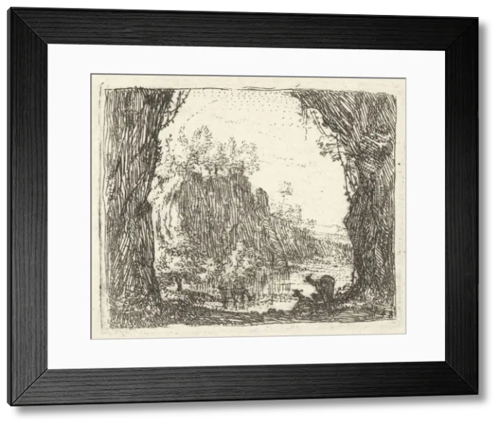 Framed Print : Landscape flanked by trees in the left and right foreground, silhouettes of two goa Framed Print : Landscape flanked by trees in the left and right foreground, silhouettes of two goa