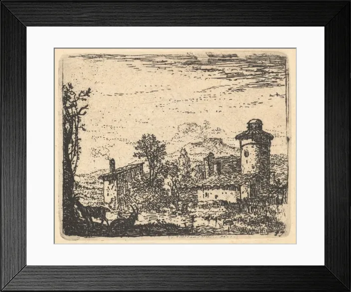 Framed Print : Landscape with two horned goats in shadow at left foreground, village buildings bey Framed Print : Landscape with two horned goats in shadow at left foreground, village buildings bey