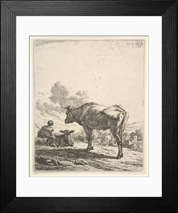 Framed Print : Cowherd with cow and calf on a hillside, the cowherd viewed from behind Framed Print : Cowherd with cow and calf on a hillside, the cowherd viewed from behind