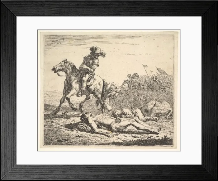 Framed Print : Battlefield with horseman looking over his left shoulder toward stripped corpse on Framed Print : Battlefield with horseman looking over his left shoulder toward stripped corpse on