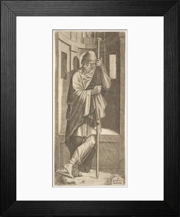 Framed Print : St. James Major leaning on a pole before a niche, his left leg crossed over his right Framed Print : St. James Major leaning on a pole before a niche, his left leg crossed over his right