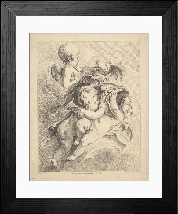 Framed Print : Three Cupids Holding a Helmet. Creator: Louis Felix de la Rue Framed Print : Three Cupids Holding a Helmet. Creator: Louis Felix de la Rue