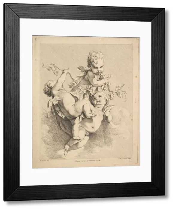 Framed Print : Three Cupids Playing with Vine Branches. Creator: Louis Felix de la Rue Framed Print : Three Cupids Playing with Vine Branches. Creator: Louis Felix de la Rue