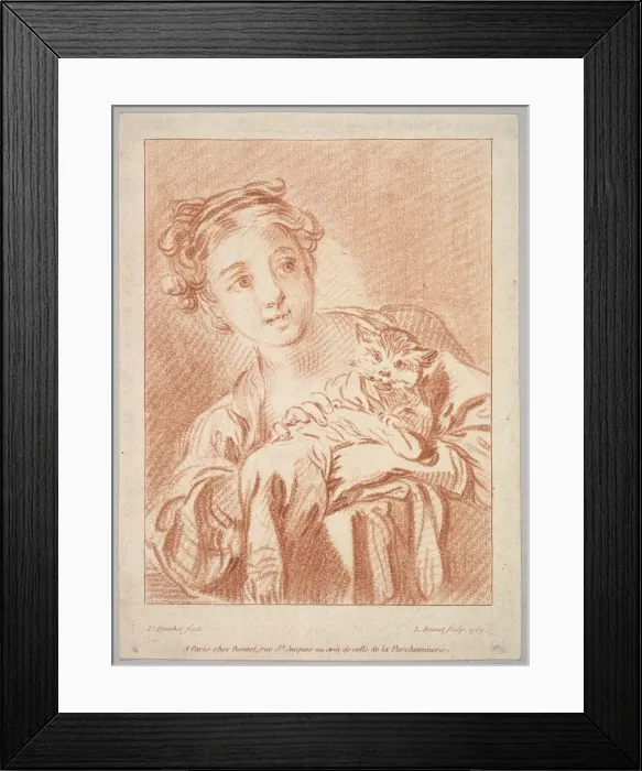 Framed Print : A Young Girl holding a Cat, 1769. Creator: Louis Marin Bonnet Framed Print : A Young Girl holding a Cat, 1769. Creator: Louis Marin Bonnet
