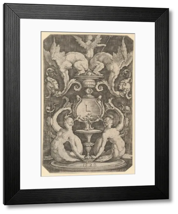 Framed Print : Panel of Ornament with Two Sirens, 1528. Creator: Lucas van Leyden Framed Print : Panel of Ornament with Two Sirens, 1528. Creator: Lucas van Leyden