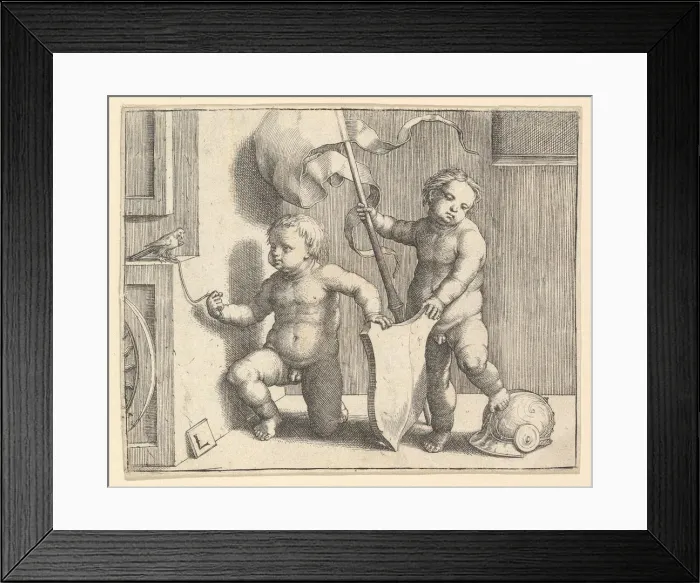 Framed Print : Two Nude Children Supporting a Blank Shield, ca. 1510. Creator: Lucas van Leyden Framed Print : Two Nude Children Supporting a Blank Shield, ca. 1510. Creator: Lucas van Leyden