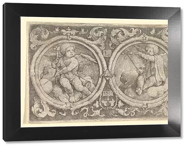 Two Putti Seated in Clouds in Circles with Tendrils, 1517. Creator: Lucas van Leyden