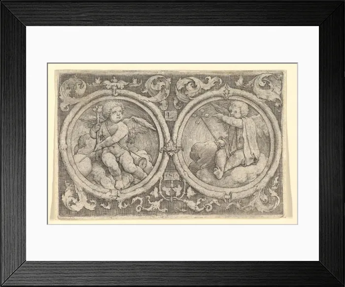 Framed Print : Two Putti Seated in Clouds in Circles with Tendrils, 1517. Creator: Lucas van Leyden Framed Print : Two Putti Seated in Clouds in Circles with Tendrils, 1517. Creator: Lucas van Leyden