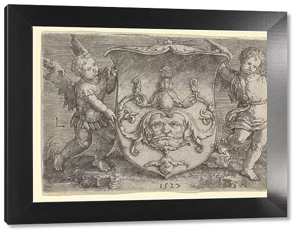 Coat of Arms with a Mask, Held by Two Genii, 1527. Creator: Lucas van Leyden